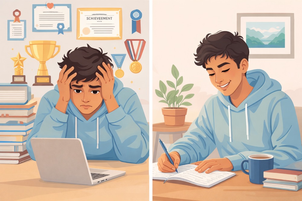 An image showing a comparison between a student trying too hard to impress vs a student writing authentically.