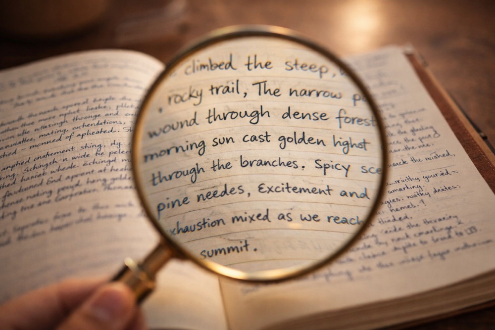 Magnifying glass highlighting specific details in writing for college essays.