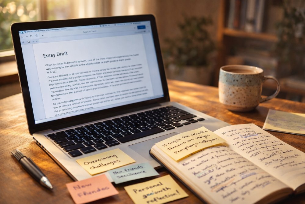 College essay brainstorming and writing process with laptop and notes.
