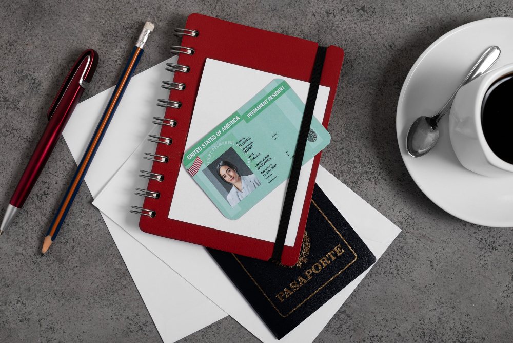 An image showing a passport with other important documents placed on a table. 