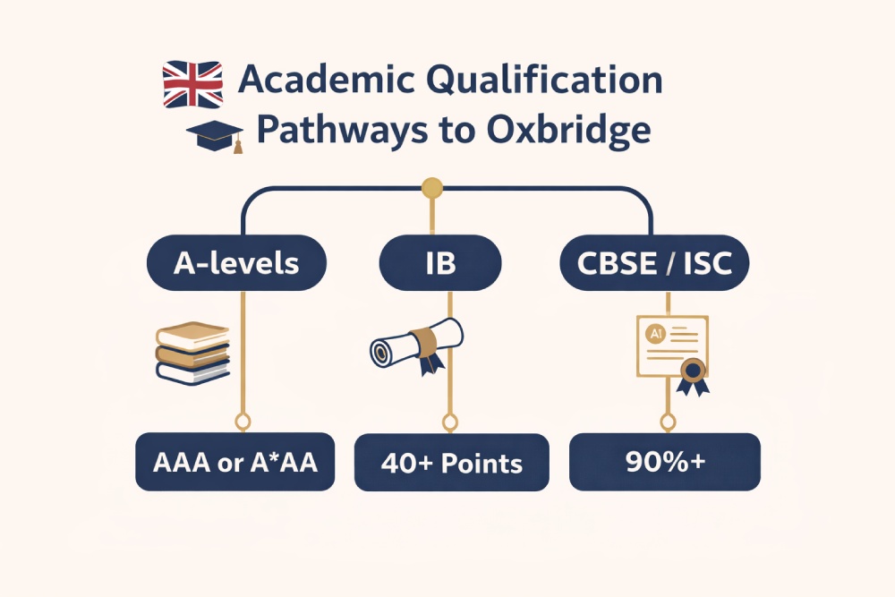 An infographic showing the minimum academic requirements for Indian students to get accepted at Oxbridge. 