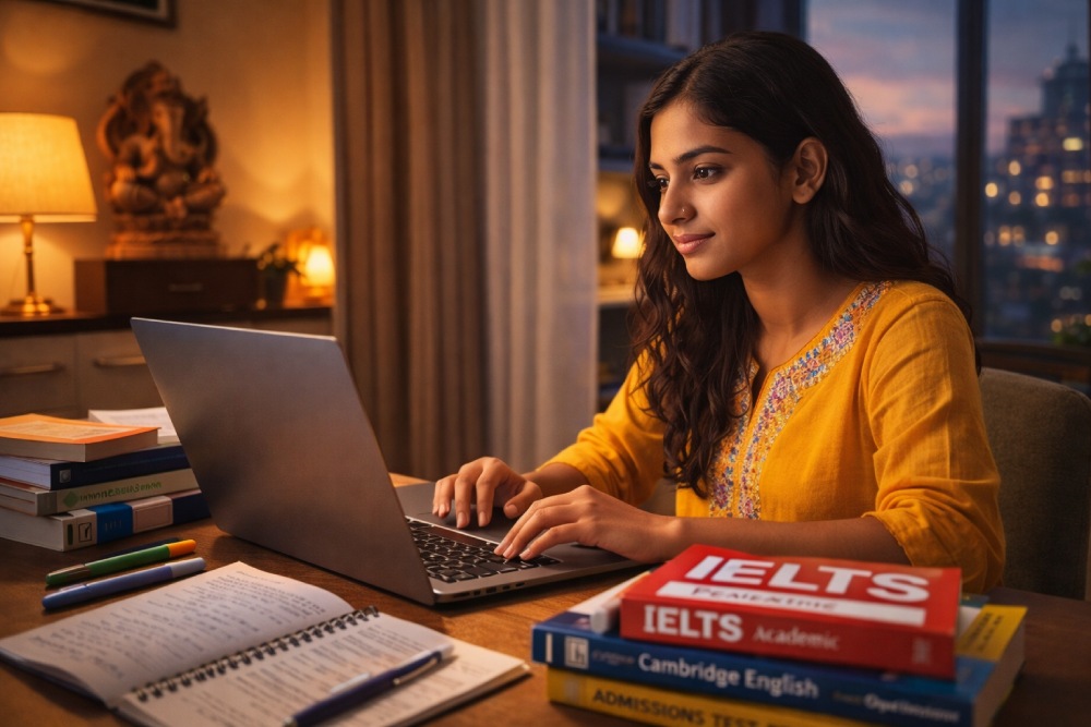 An image showing an Indian student preparing for the IELTS exam. 