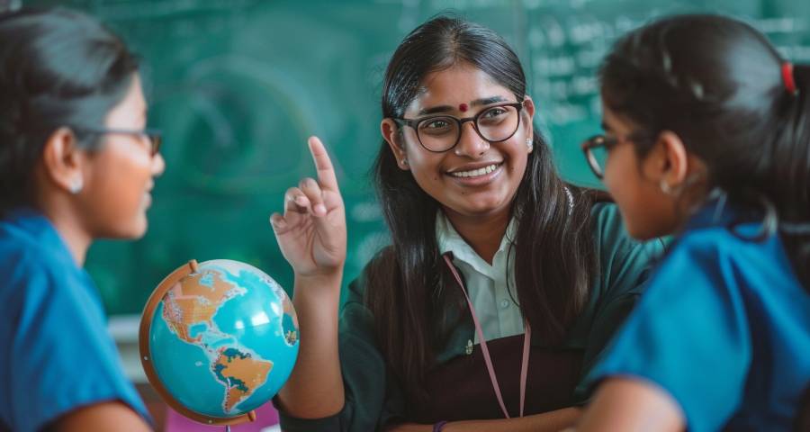 Teacher having a meaningful conversation with students — the foundation of a strong Ivy League recommendation letter